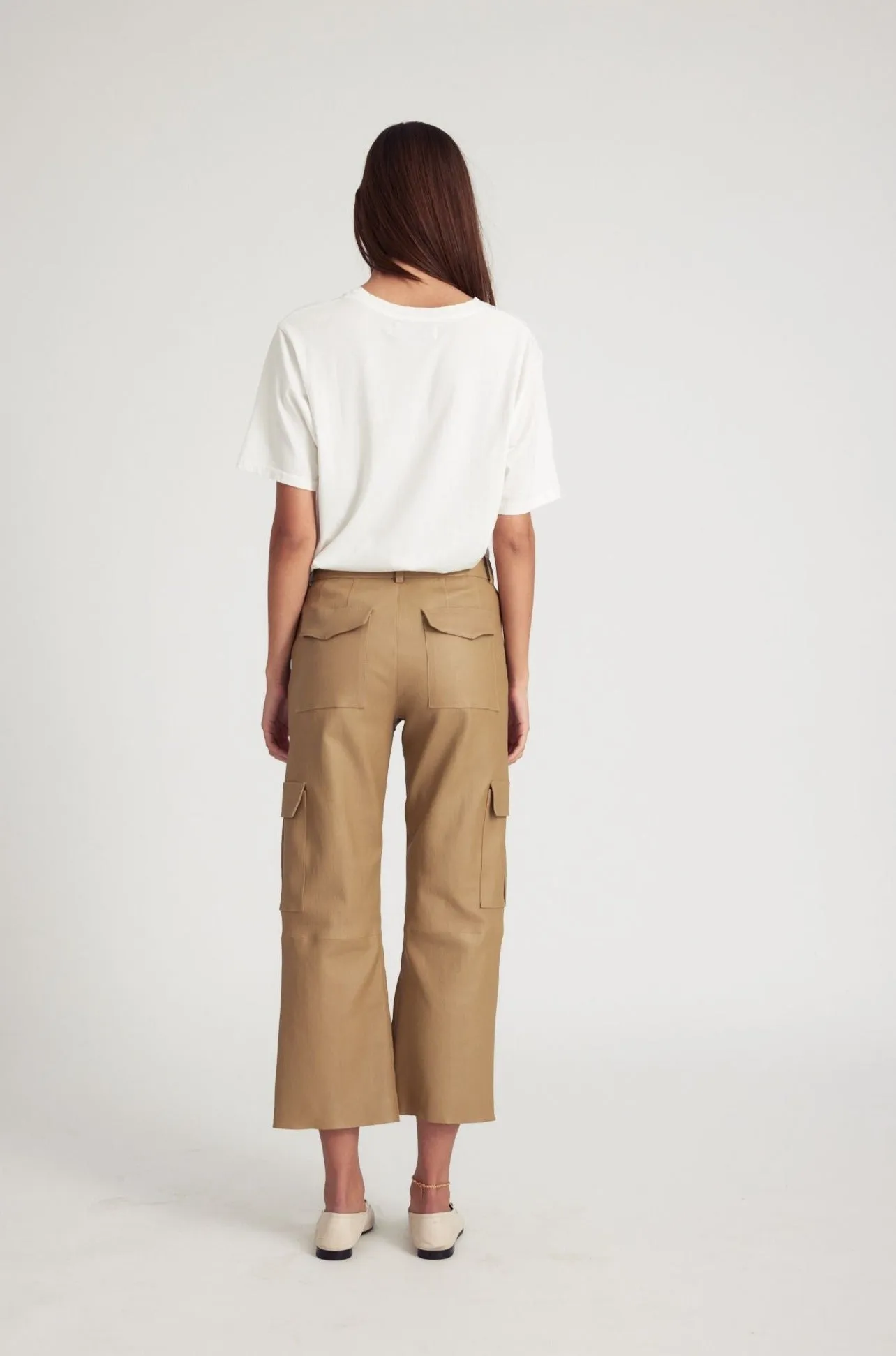 Khaki Leather Cropped Cargo Trousers