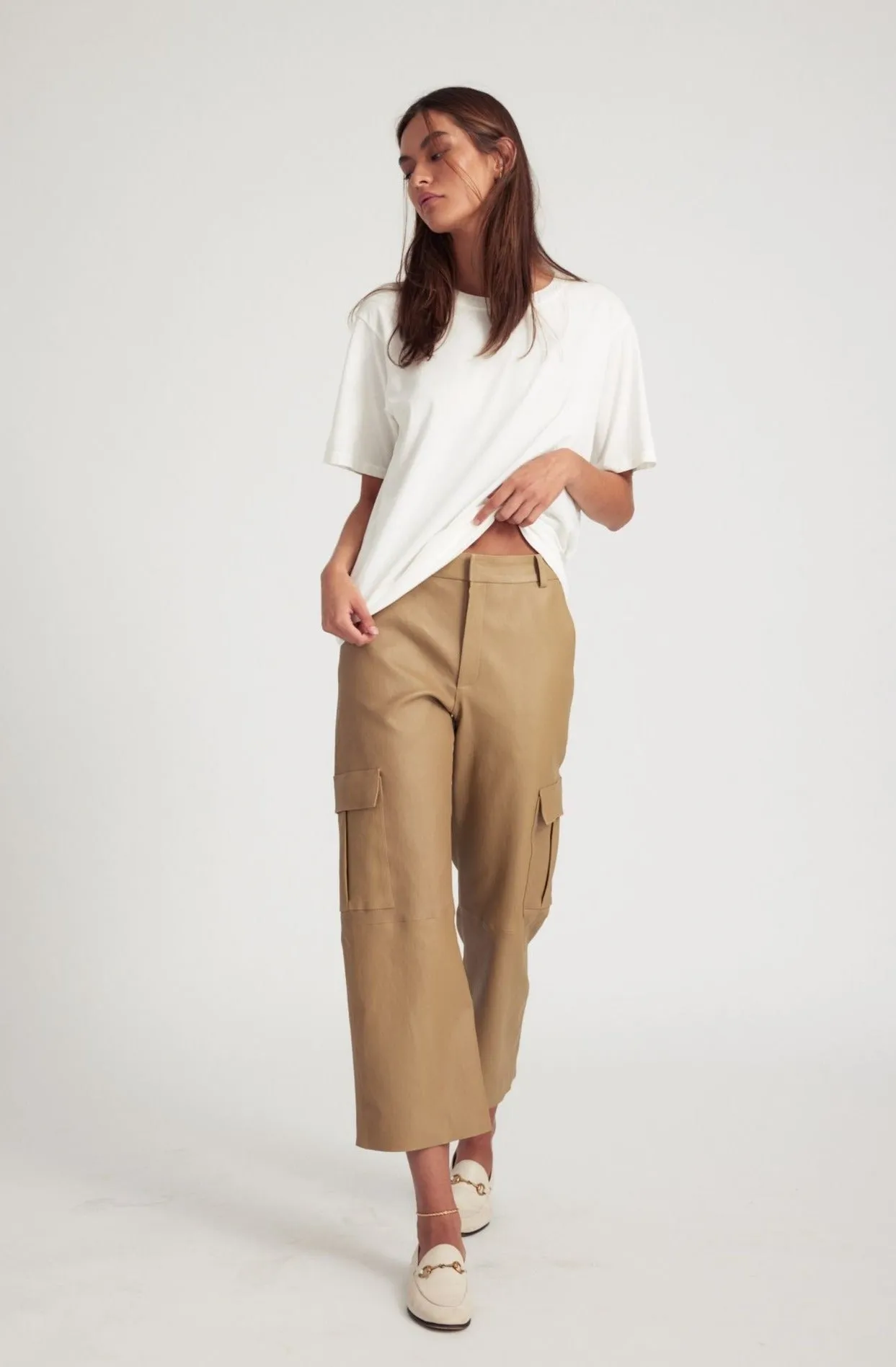 Khaki Leather Cropped Cargo Trousers