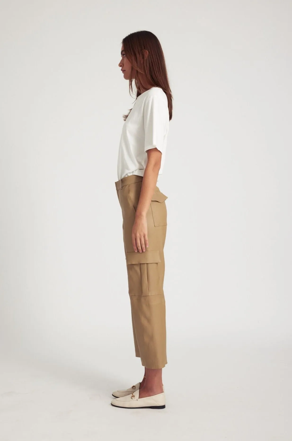Khaki Leather Cropped Cargo Trousers