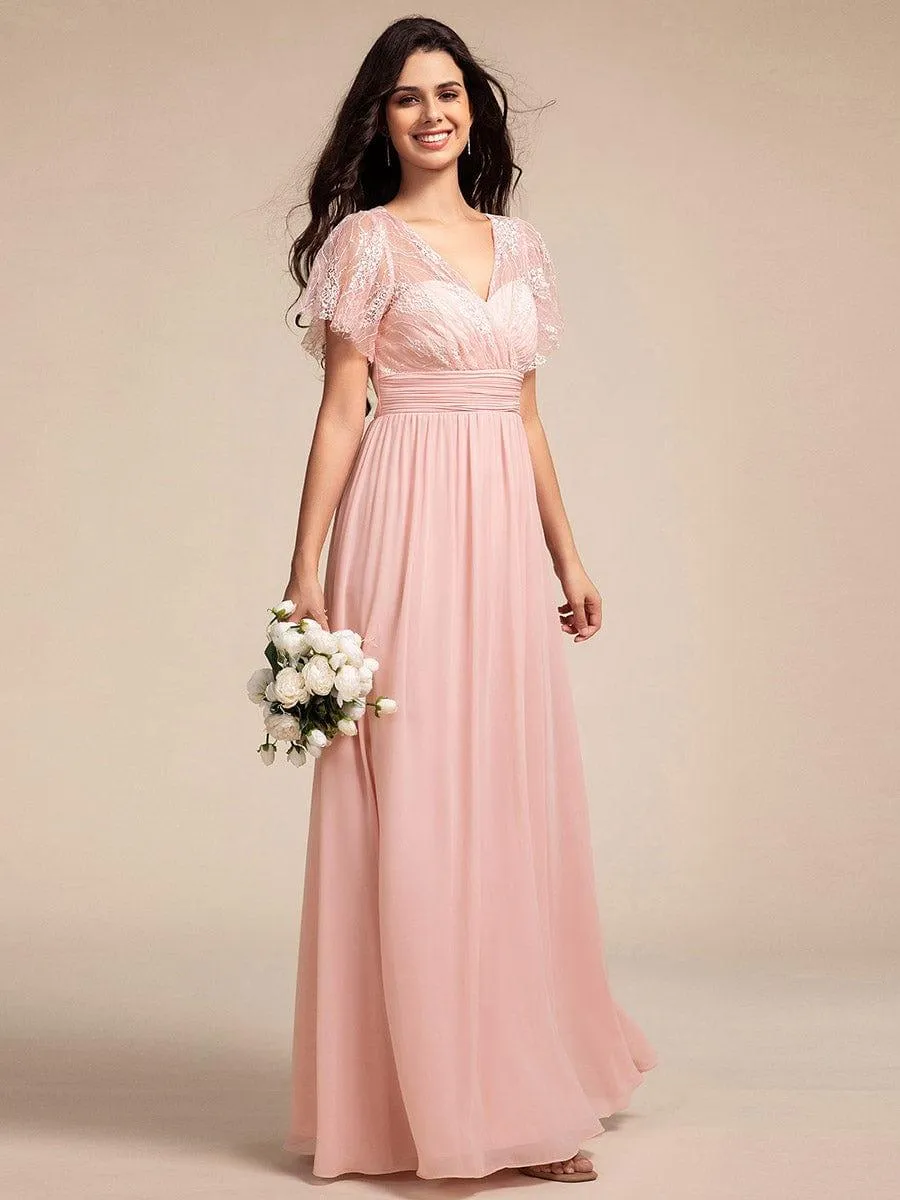 Lace Pleated Chiffon A-line Dress with Backless Detail In Pink