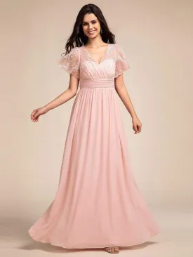 Lace Pleated Chiffon A-line Dress with Backless Detail In Pink