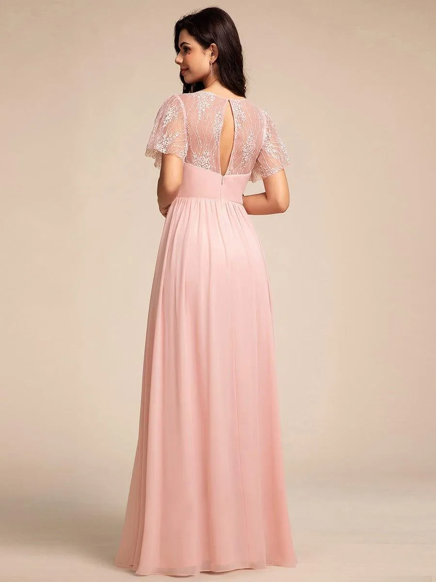 Lace Pleated Chiffon A-line Dress with Backless Detail In Pink