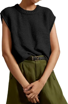 Locachy Women's Vintage Crew Neck Sweater Vest Casual Cropped Sleeveless Knit Pullover Top