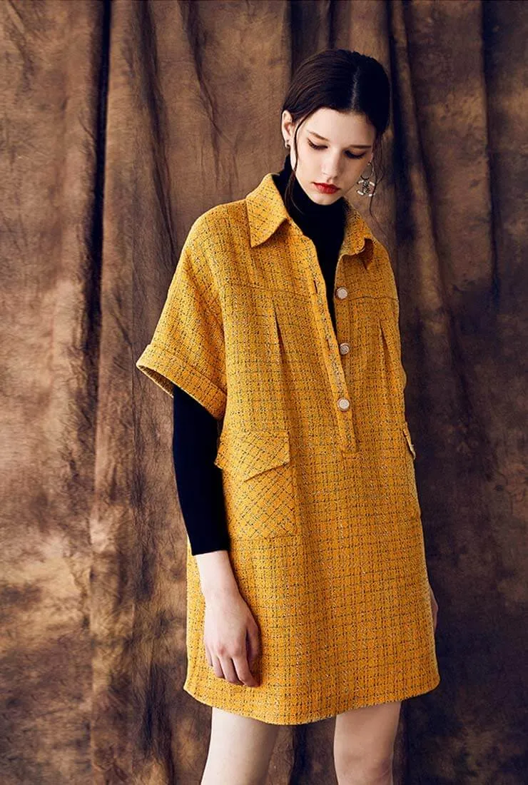 Loose Polo Collar Tweed Shirt Dress