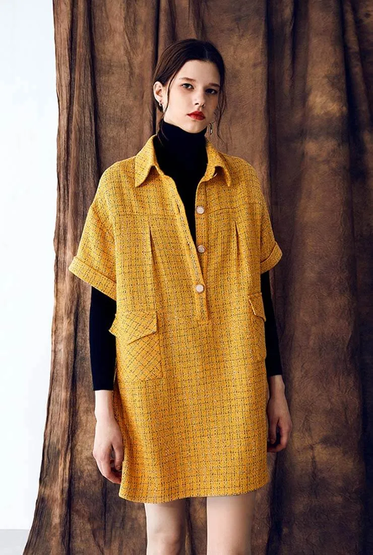 Loose Polo Collar Tweed Shirt Dress