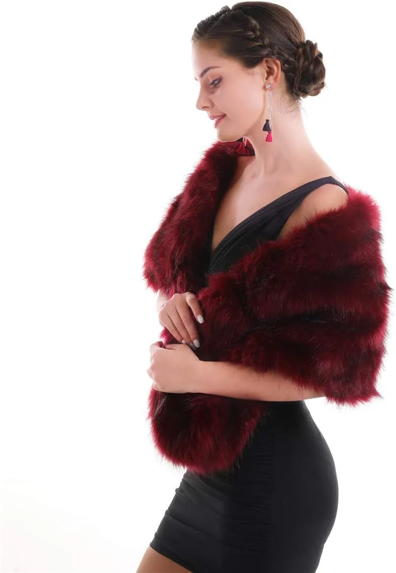 Lucky Leaf Women Luxurious Large Winter Faux Fur Scarf Wrap Collar Shrug for Lady Poncho Wedding Dinner Party