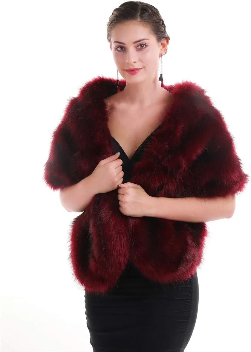 Lucky Leaf Women Luxurious Large Winter Faux Fur Scarf Wrap Collar Shrug for Lady Poncho Wedding Dinner Party