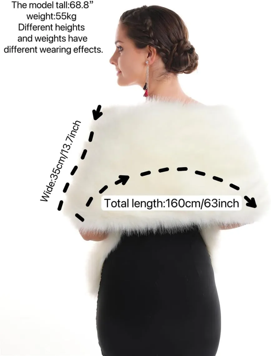 Lucky Leaf Women Luxurious Large Winter Faux Fur Scarf Wrap Collar Shrug for Lady Poncho Wedding Dinner Party