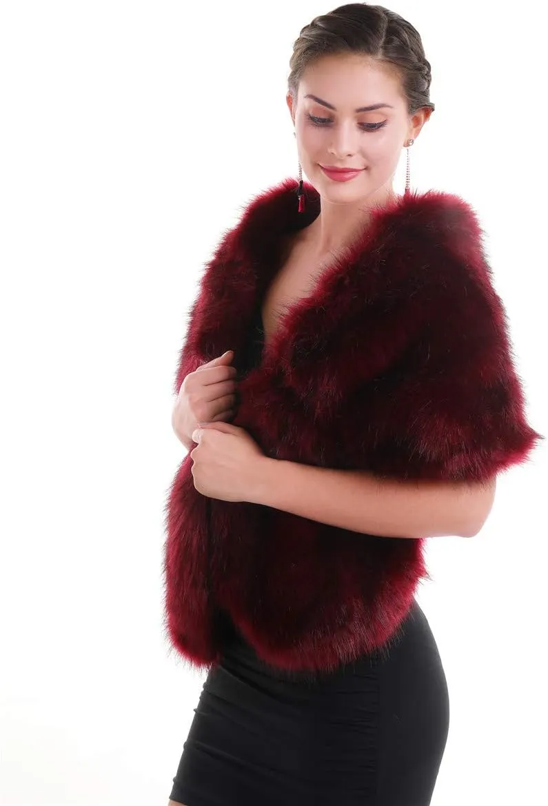 Lucky Leaf Women Luxurious Large Winter Faux Fur Scarf Wrap Collar Shrug for Lady Poncho Wedding Dinner Party