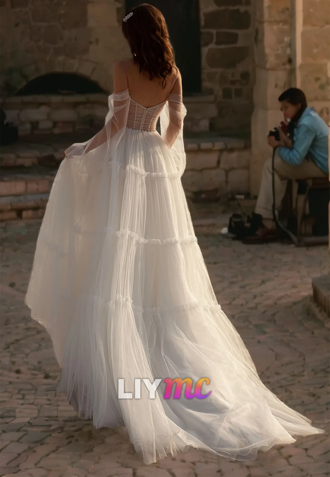 LW219 - Off Shoulder Long Sleeves Sheer Tulle A Line Long Wedding Dress With Slit