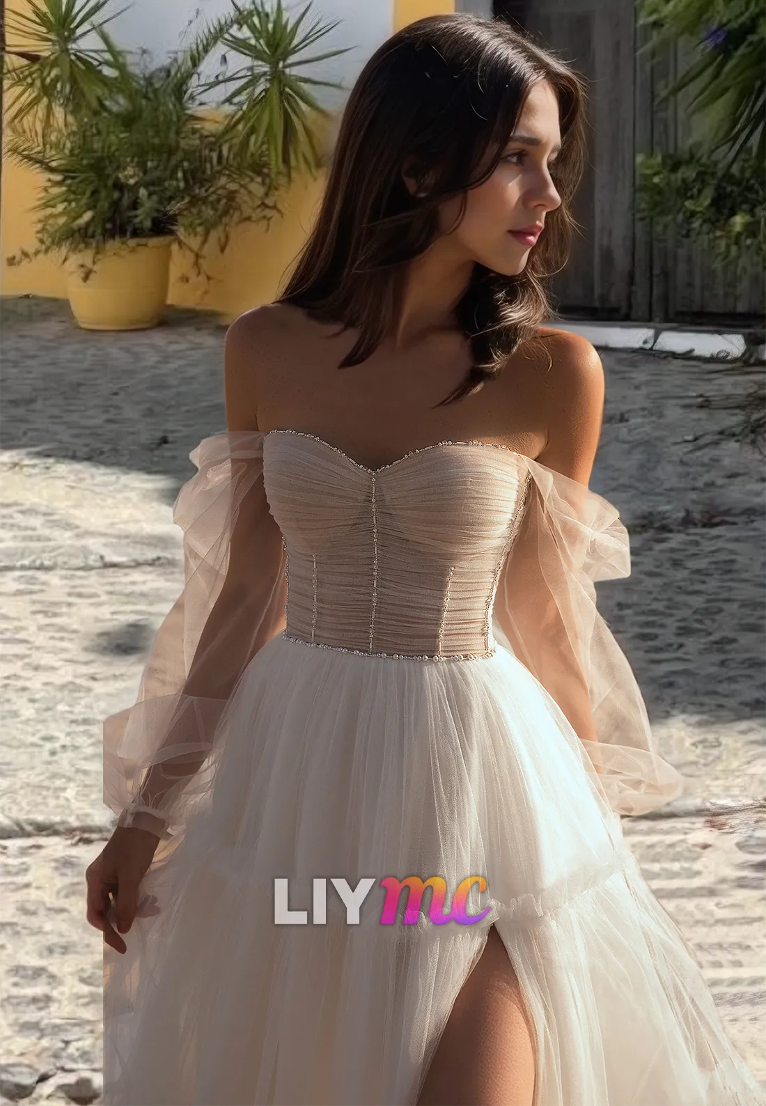LW219 - Off Shoulder Long Sleeves Sheer Tulle A Line Long Wedding Dress With Slit