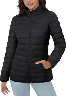 MAGCOMSEN Women's Puffer Jacket Lightweight Quilted Padded 4 Pockets Zip-up Stand-collar Winter Fleece Coat