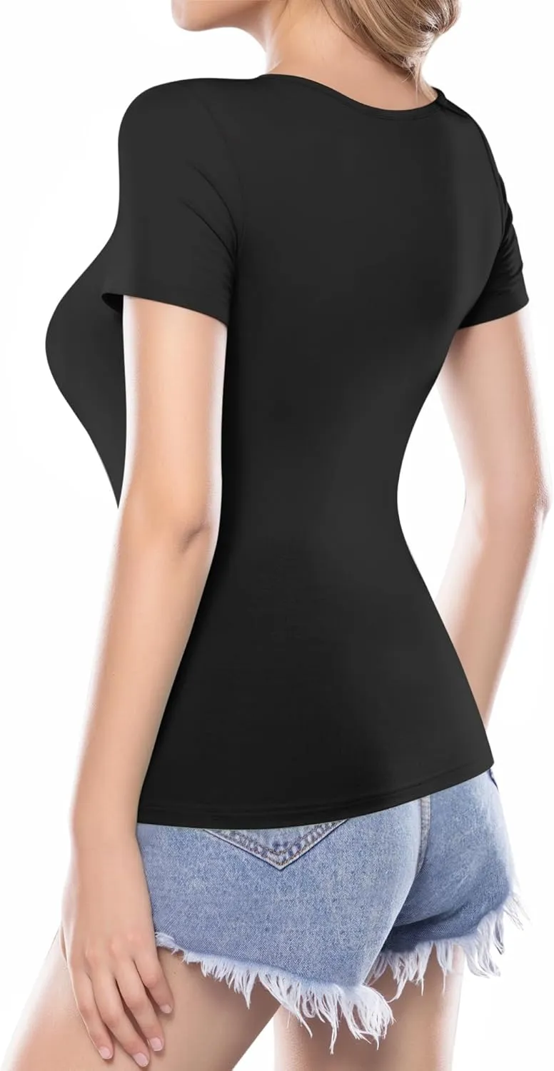 MANGOPOP Womens Square Neck T Shirts Long Sleeve Short Sleeve Tops Fitted Tees