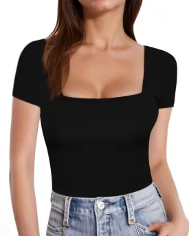 MANGOPOP Womens Square Neck T Shirts Long Sleeve Short Sleeve Tops Fitted Tees