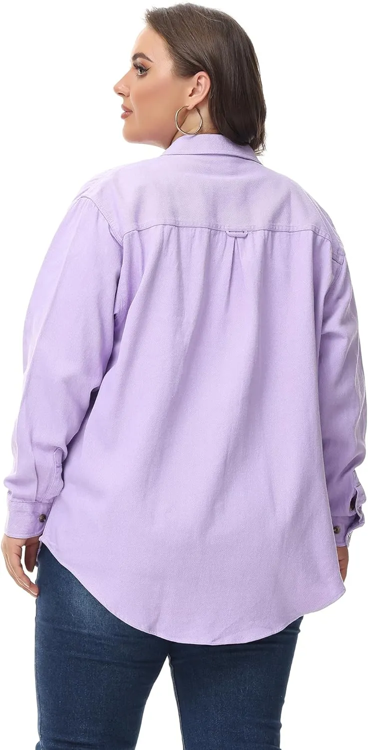 MCEDAR Oversized Denim Shirt for Women Long Sleeves Button Down Boyfriend Jean Jacket with Utility-Pocket (S-4X)