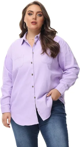 MCEDAR Oversized Denim Shirt for Women Long Sleeves Button Down Boyfriend Jean Jacket with Utility-Pocket (S-4X)