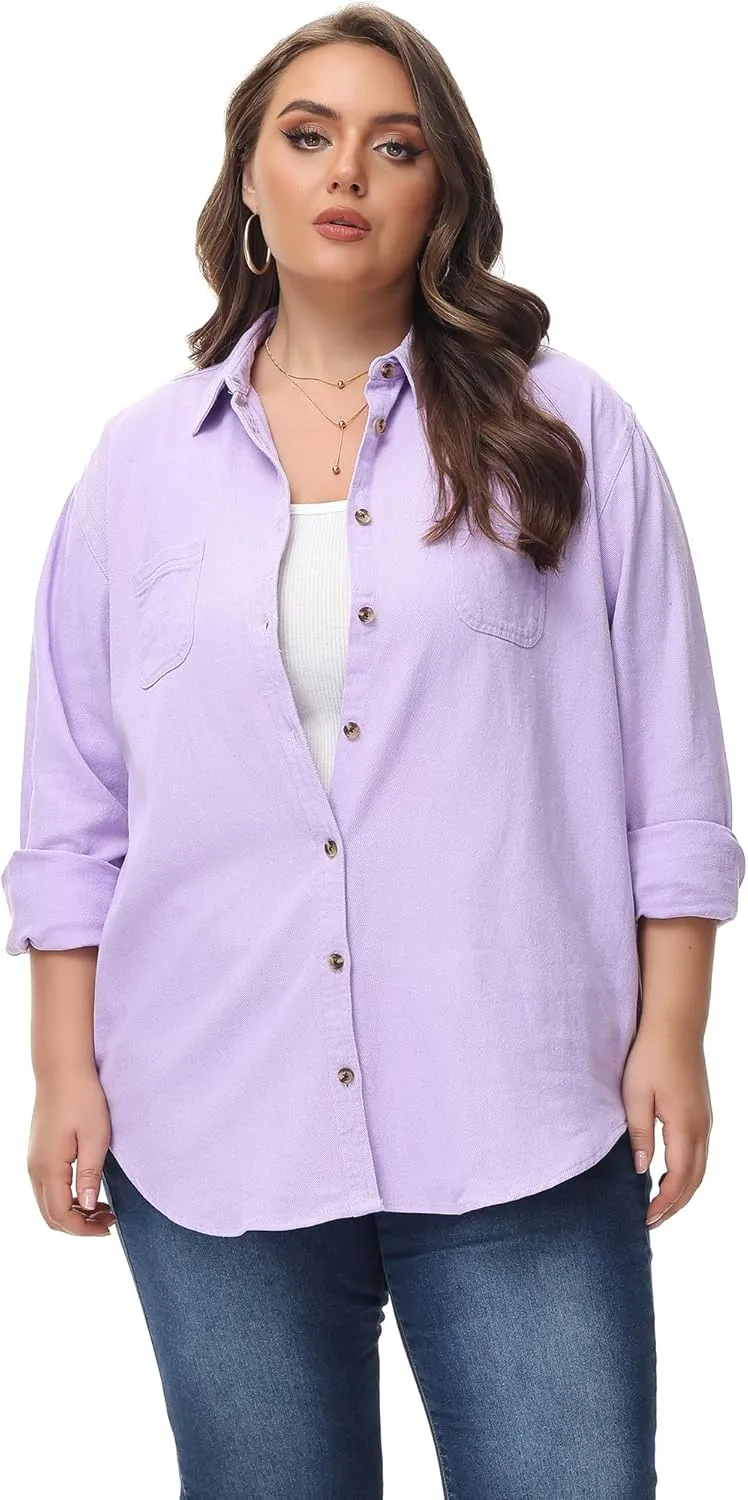 MCEDAR Oversized Denim Shirt for Women Long Sleeves Button Down Boyfriend Jean Jacket with Utility-Pocket (S-4X)