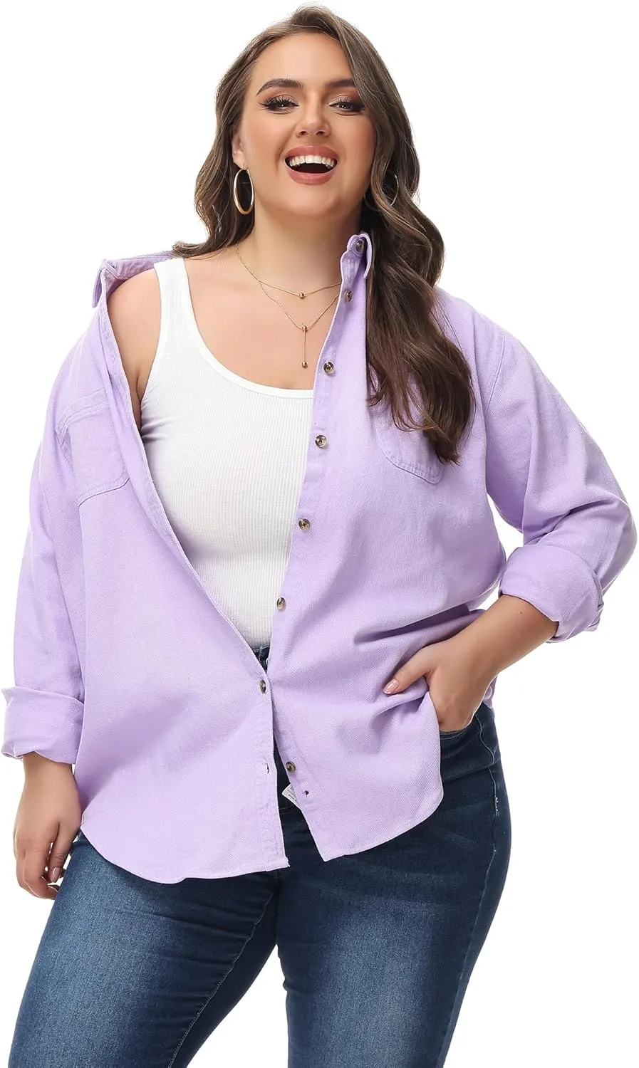 MCEDAR Oversized Denim Shirt for Women Long Sleeves Button Down Boyfriend Jean Jacket with Utility-Pocket (S-4X)