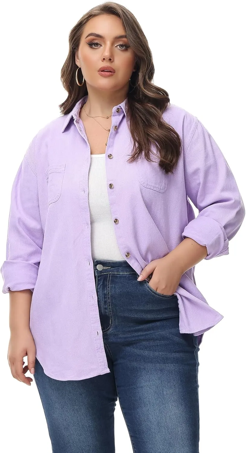 MCEDAR Oversized Denim Shirt for Women Long Sleeves Button Down Boyfriend Jean Jacket with Utility-Pocket (S-4X)