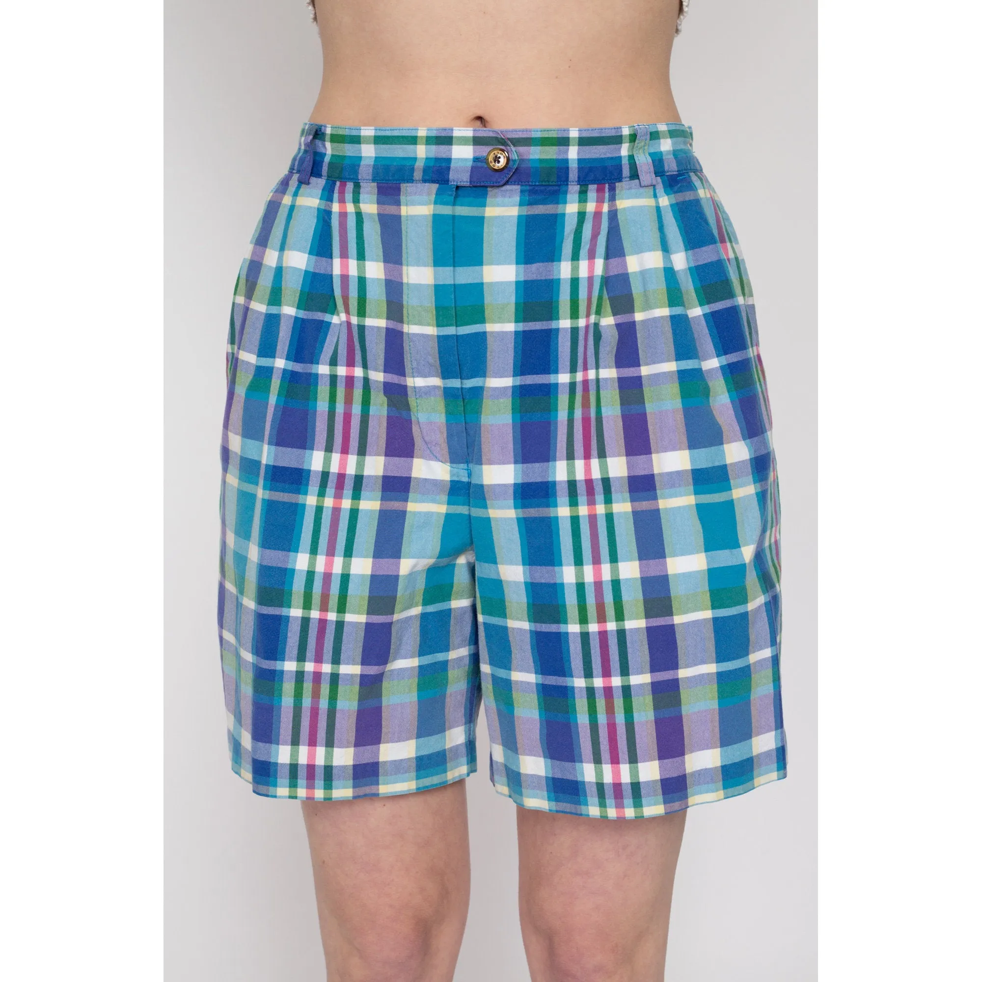 Med-Lrg 90s Izod Blue & Green Plaid Shorts 29"-31"