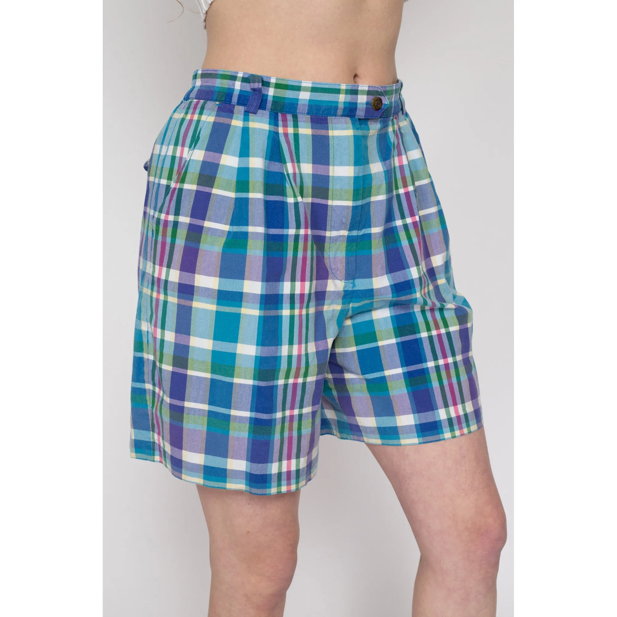 Med-Lrg 90s Izod Blue & Green Plaid Shorts 29"-31"