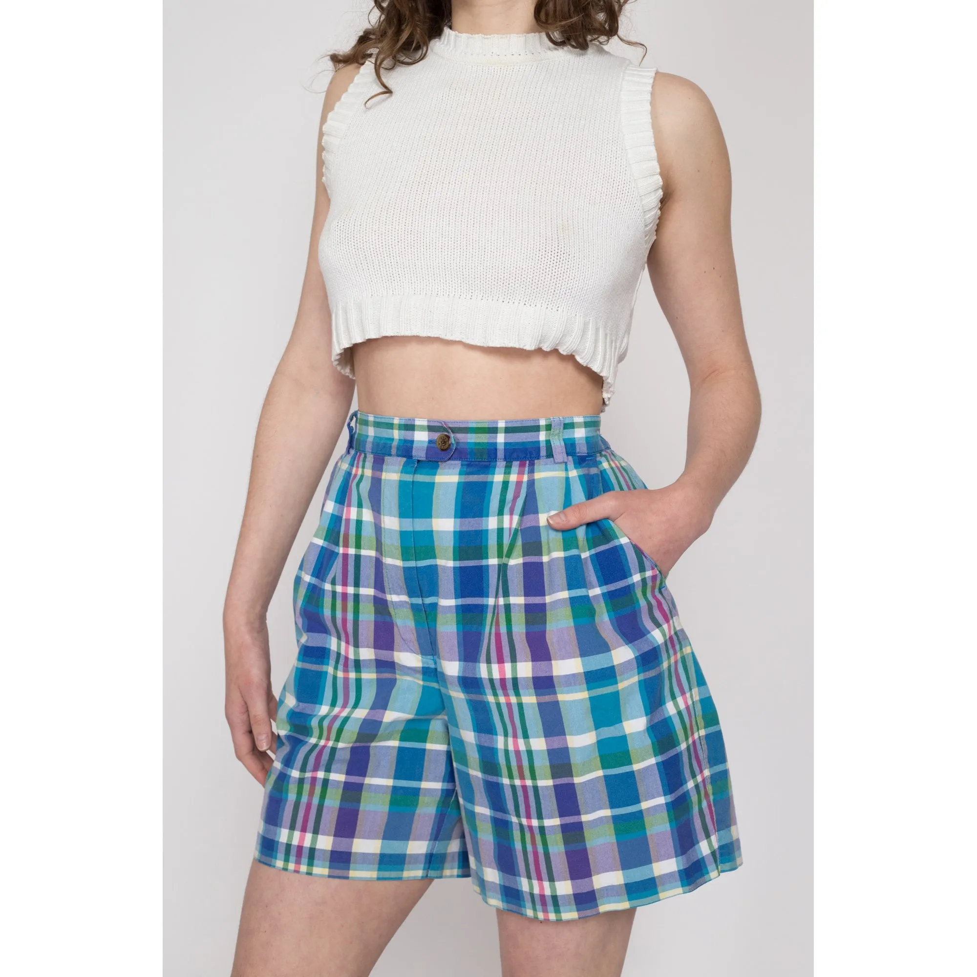 Med-Lrg 90s Izod Blue & Green Plaid Shorts 29"-31"