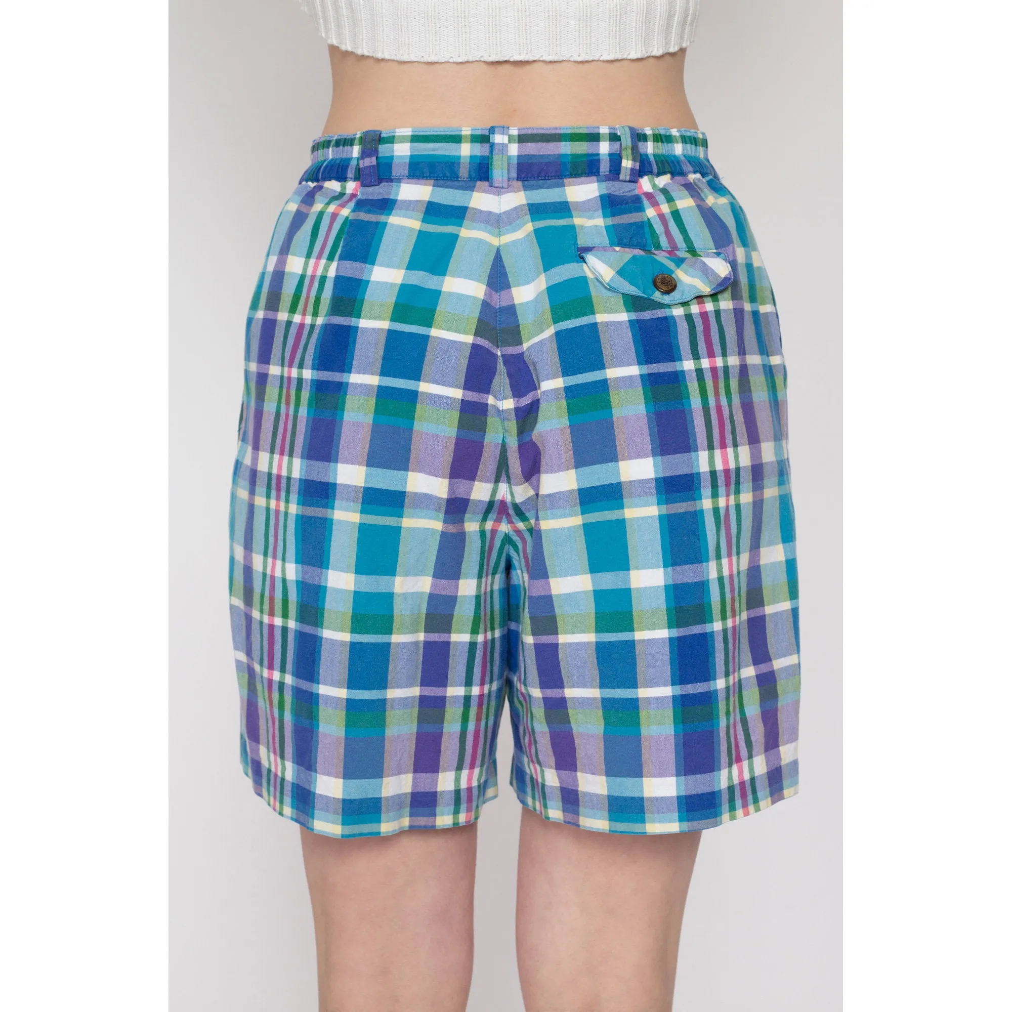 Med-Lrg 90s Izod Blue & Green Plaid Shorts 29"-31"