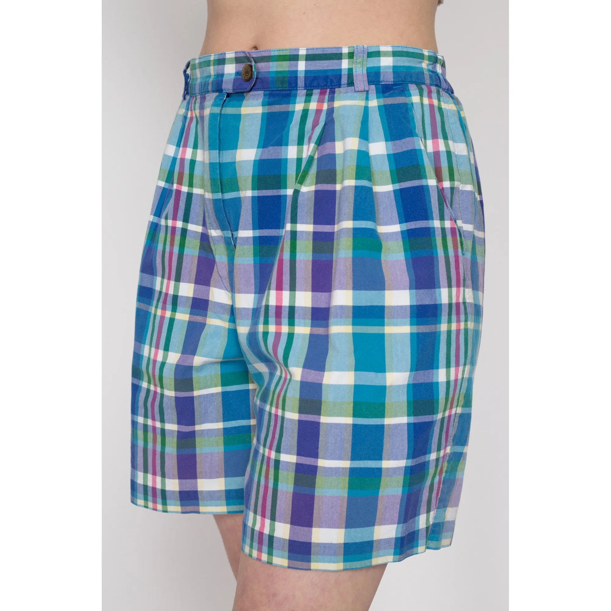 Med-Lrg 90s Izod Blue & Green Plaid Shorts 29"-31"
