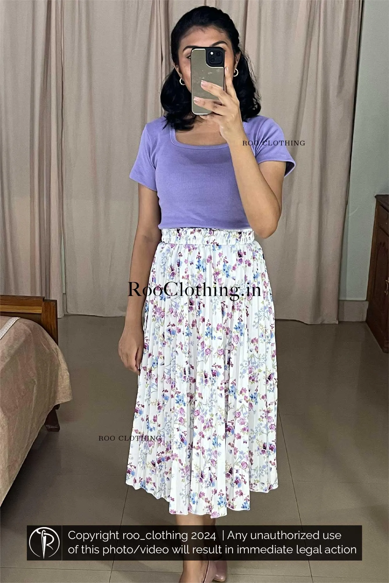 Medium Purple Rib Knit Square Neck Top With Half Sleeves (Top Only)