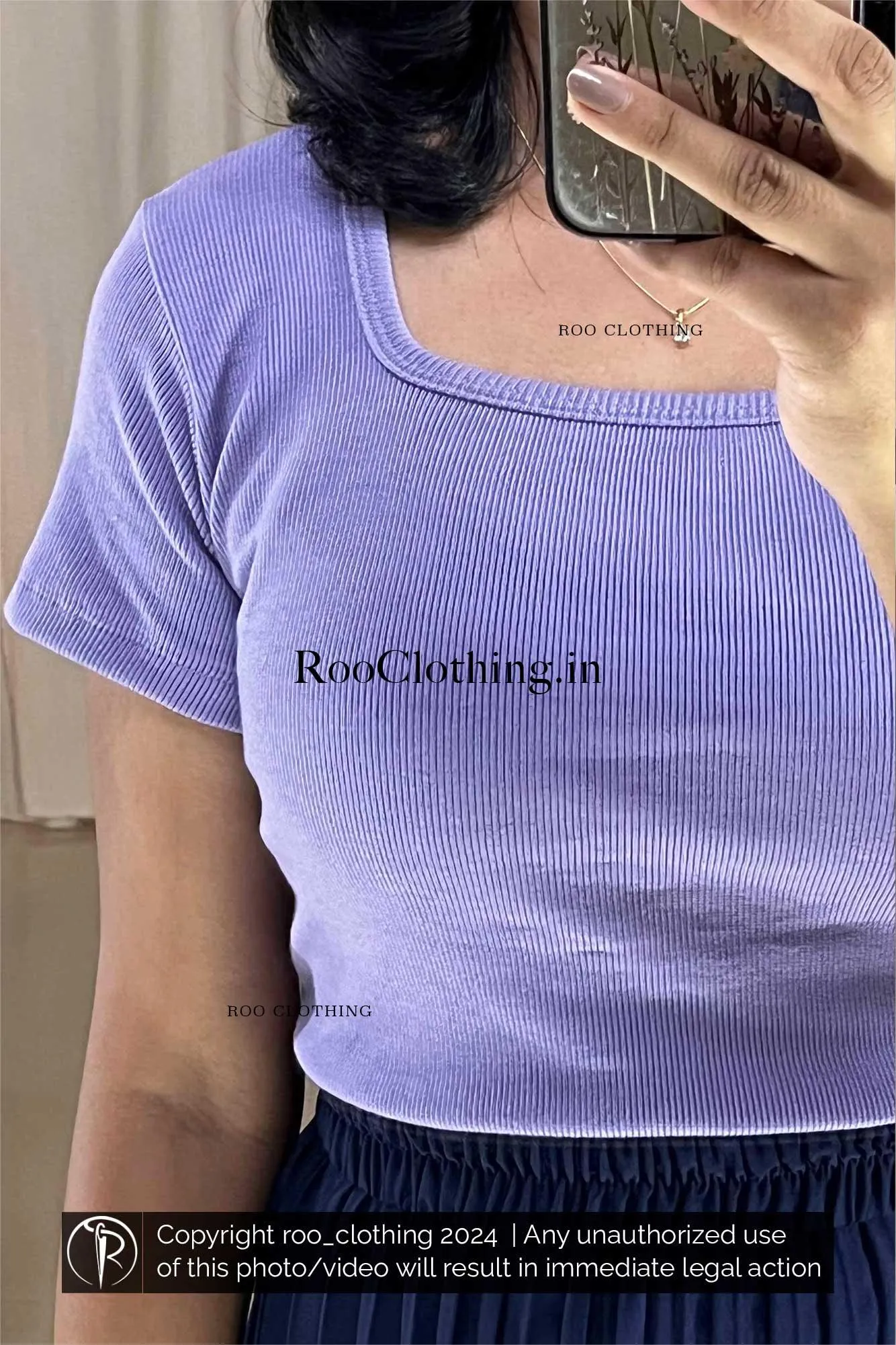 Medium Purple Rib Knit Square Neck Top With Half Sleeves (Top Only)