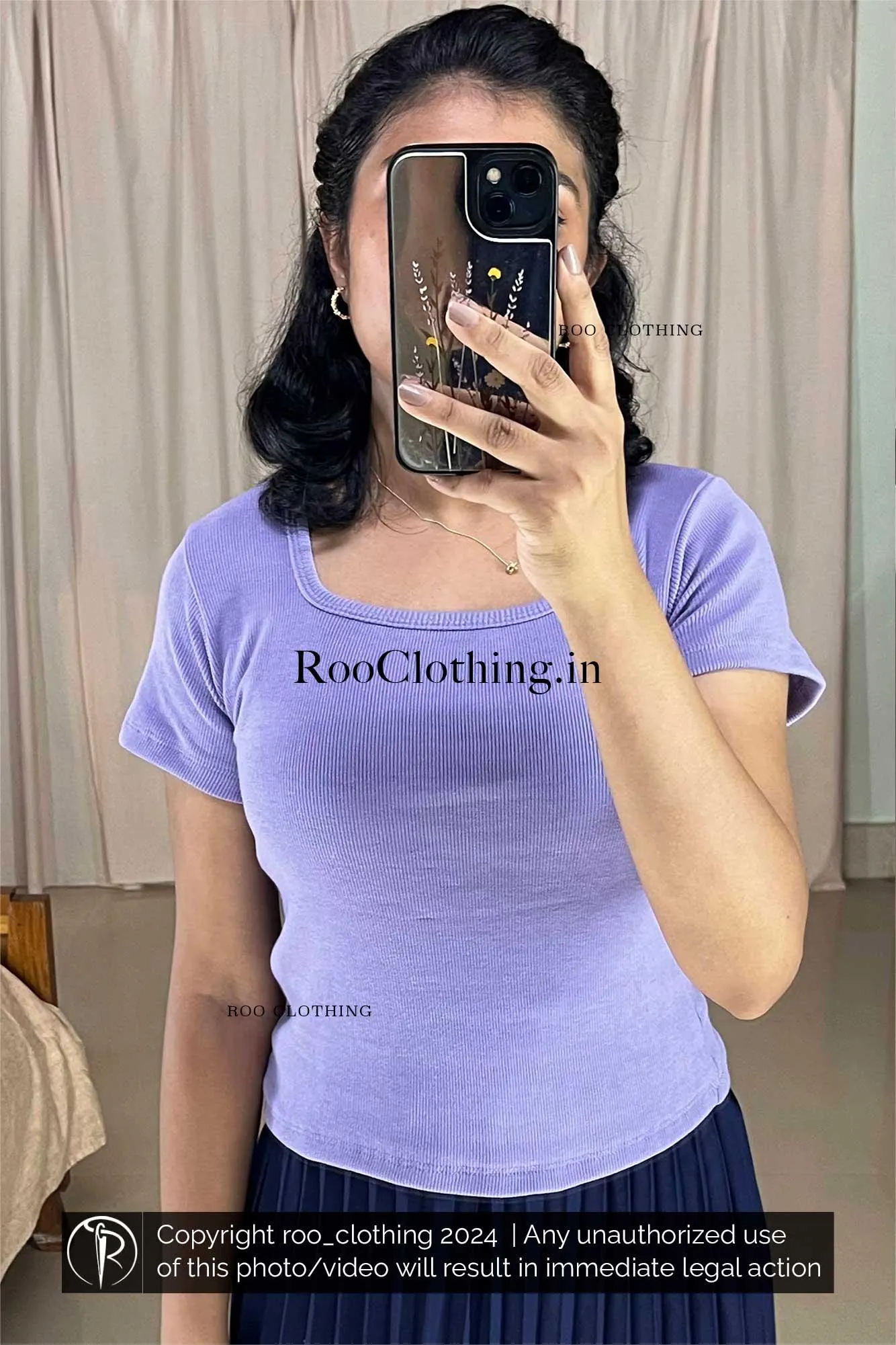 Medium Purple Rib Knit Square Neck Top With Half Sleeves (Top Only)