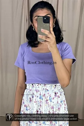 Medium Purple Rib Knit Square Neck Top With Half Sleeves (Top Only)