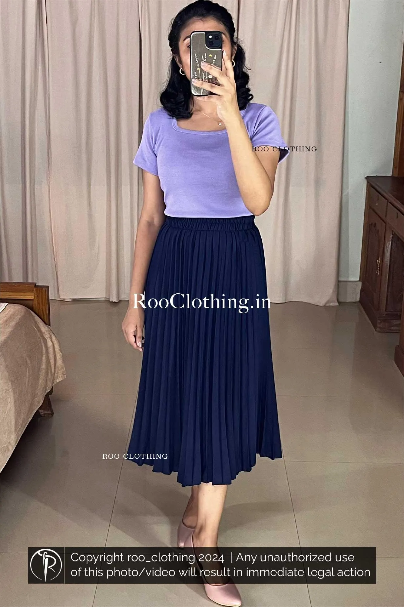 Medium Purple Rib Knit Square Neck Top With Half Sleeves (Top Only)