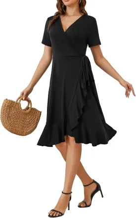 MIDNIGHTSUN Women's Wrap Dress V Neck Short Sleeve Waist Tie Ruffle Split Midi Casual Dress