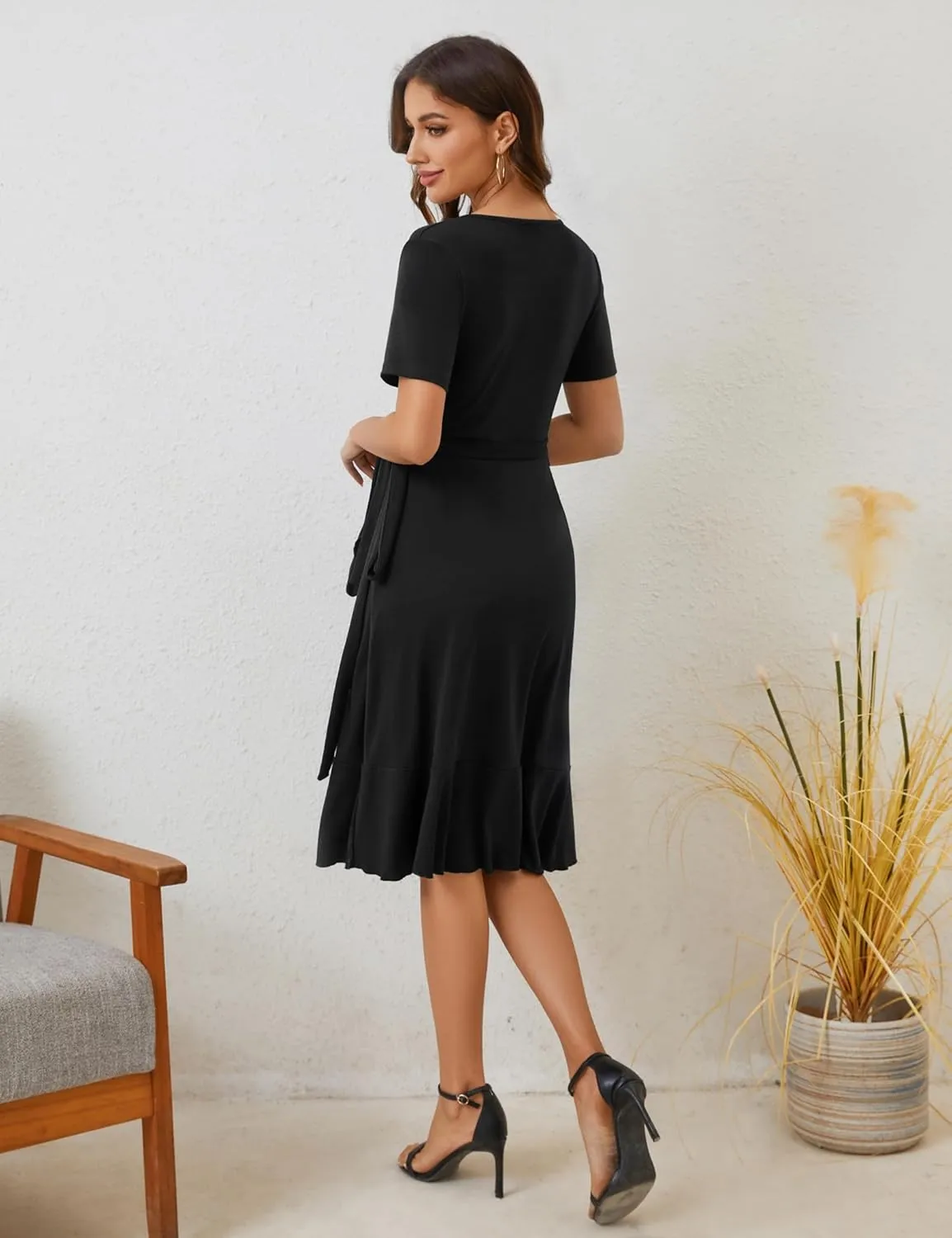 MIDNIGHTSUN Women's Wrap Dress V Neck Short Sleeve Waist Tie Ruffle Split Midi Casual Dress