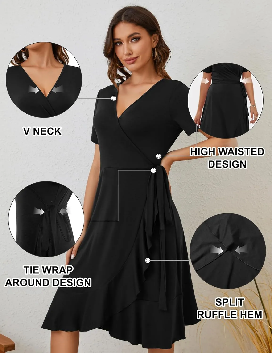 MIDNIGHTSUN Women's Wrap Dress V Neck Short Sleeve Waist Tie Ruffle Split Midi Casual Dress