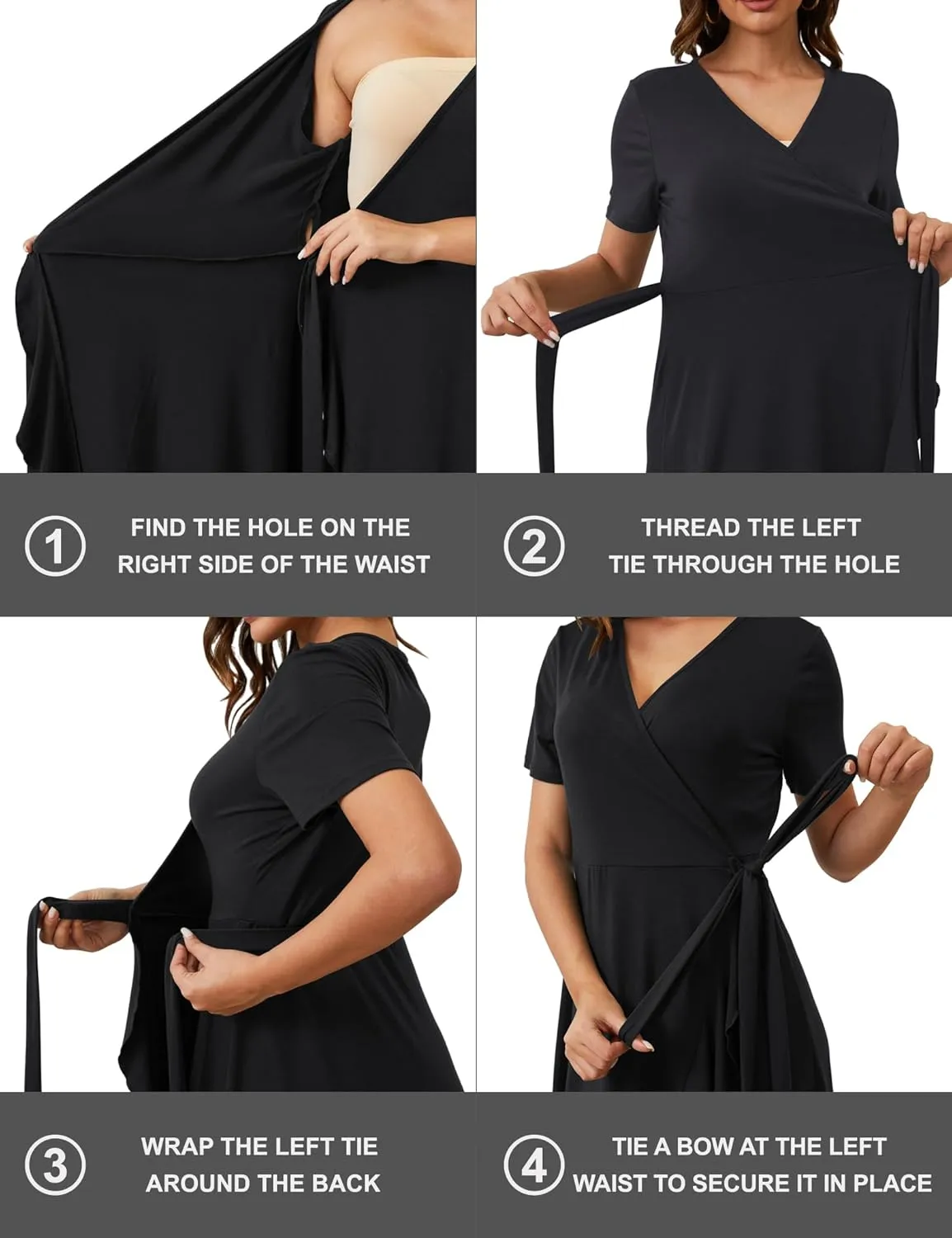 MIDNIGHTSUN Women's Wrap Dress V Neck Short Sleeve Waist Tie Ruffle Split Midi Casual Dress