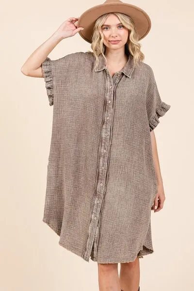 Mineral Wash Cotton Gauze Mini Shirt Dress