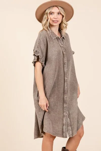 Mineral Wash Cotton Gauze Mini Shirt Dress