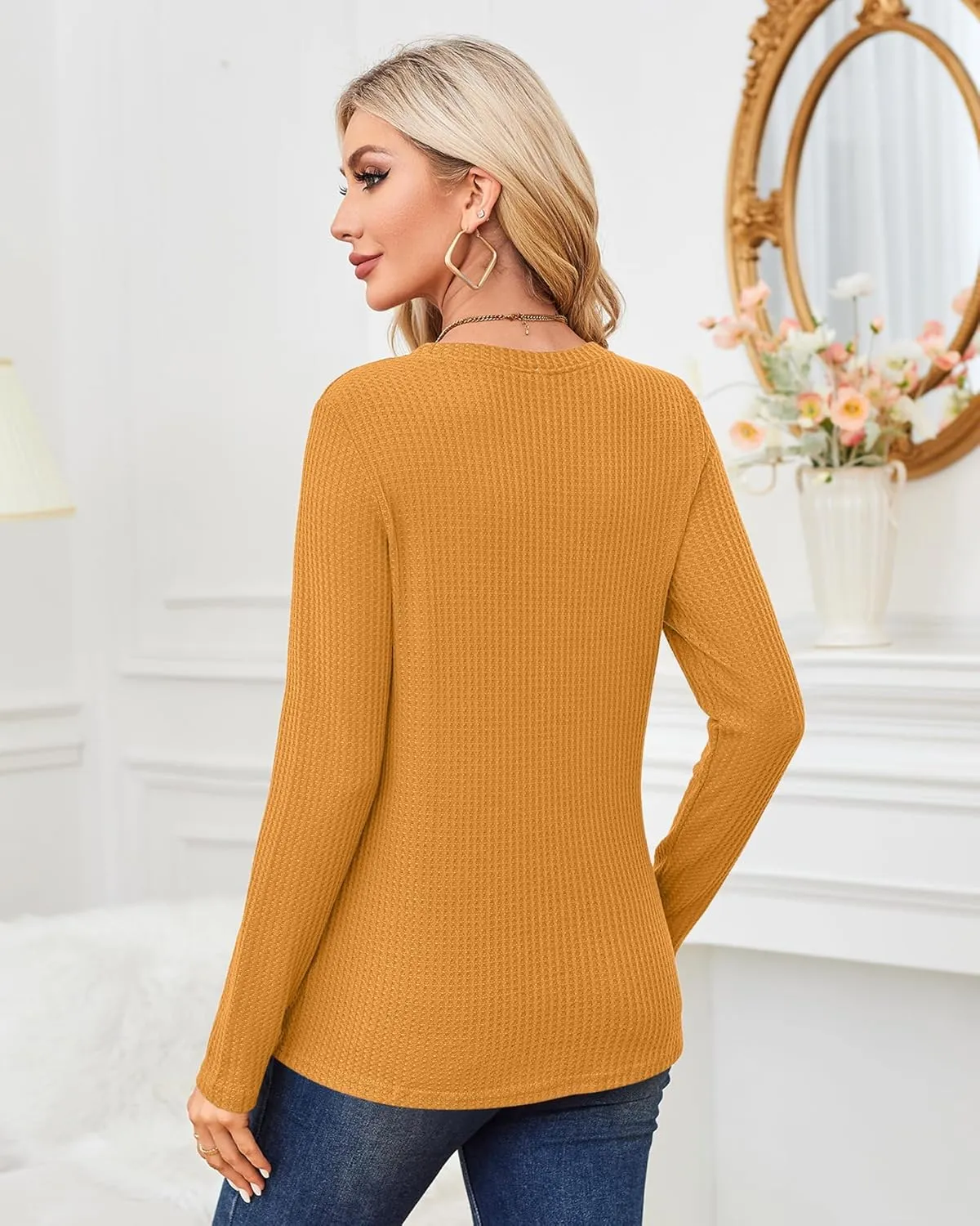 MISFAY Womens Casual Top Long Sleeve Cute Twist Knot Waffle Knit Shirts Tops
