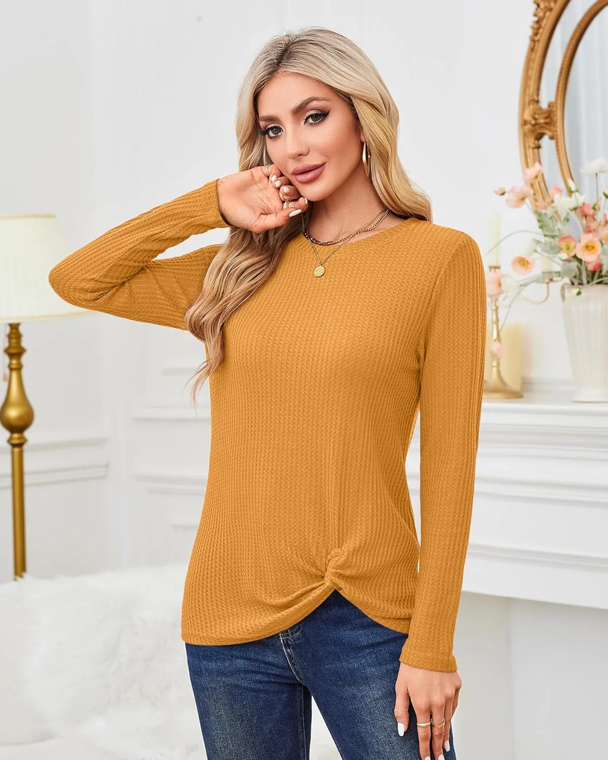 MISFAY Womens Casual Top Long Sleeve Cute Twist Knot Waffle Knit Shirts Tops