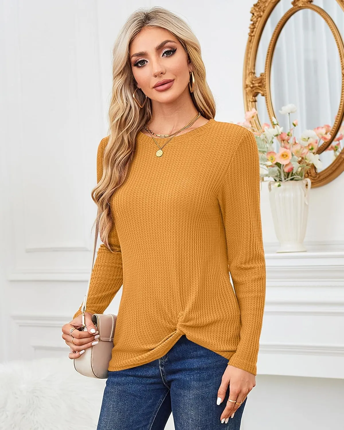 MISFAY Womens Casual Top Long Sleeve Cute Twist Knot Waffle Knit Shirts Tops