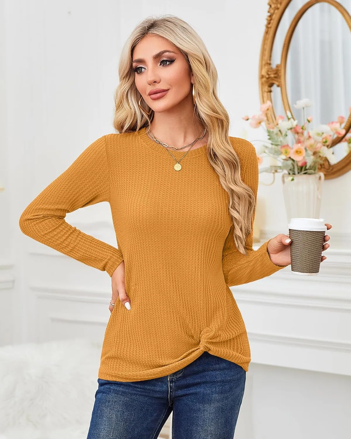 MISFAY Womens Casual Top Long Sleeve Cute Twist Knot Waffle Knit Shirts Tops
