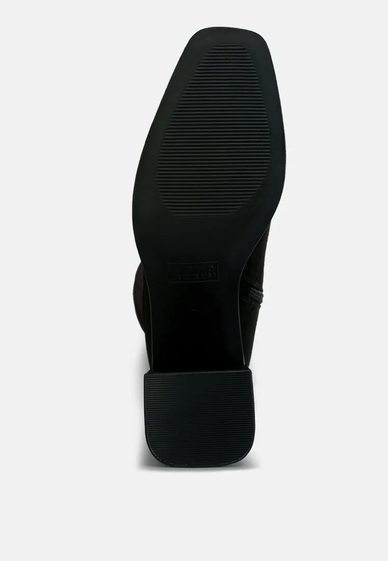 paytin faux leather block heel calf length boots