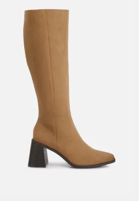 paytin faux leather block heel calf length boots