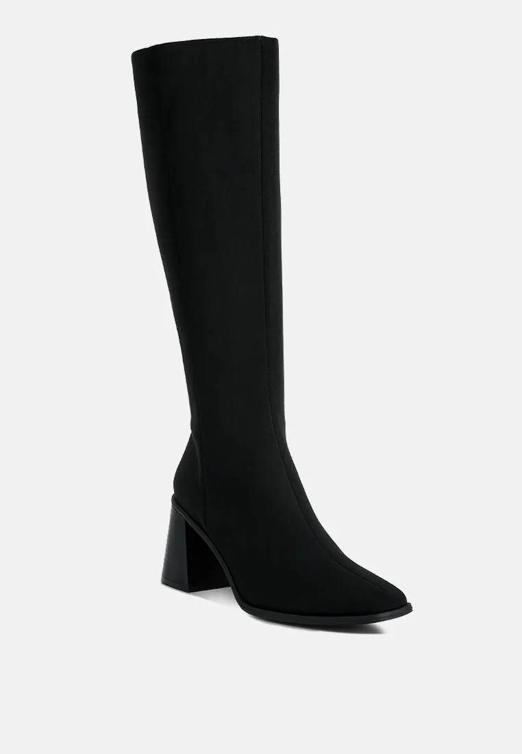 paytin faux leather block heel calf length boots