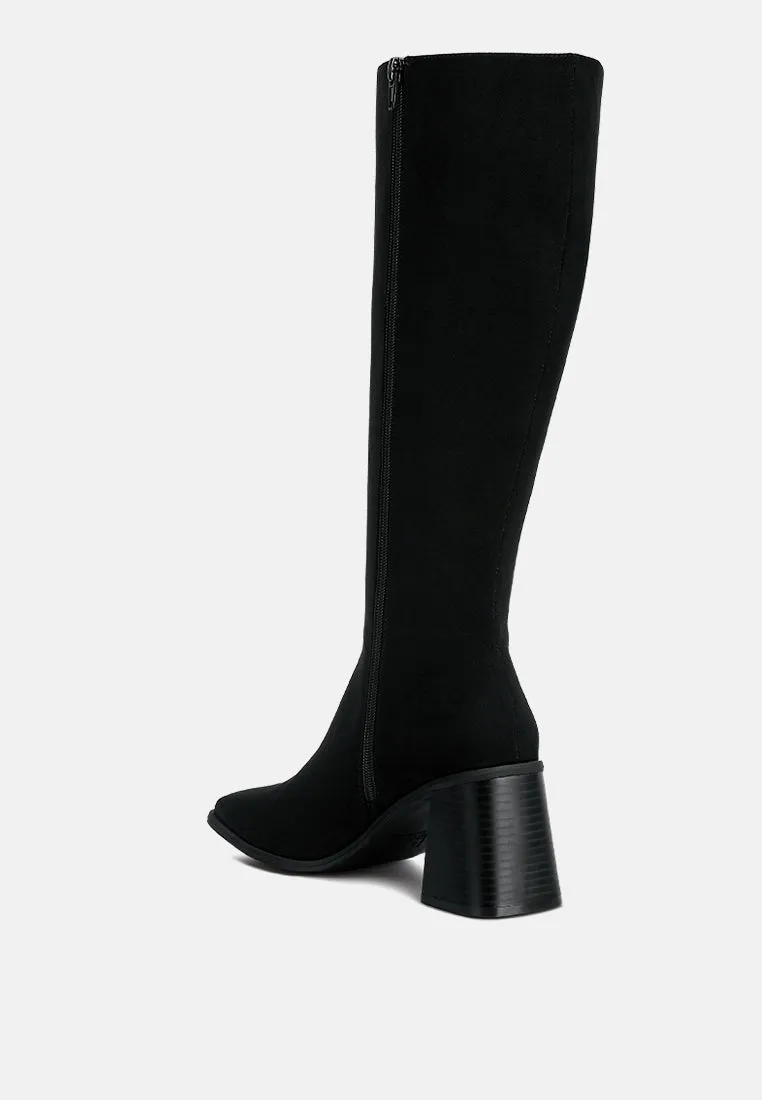 paytin faux leather block heel calf length boots
