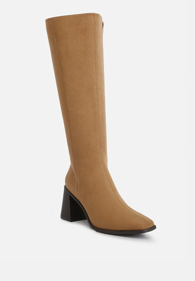 paytin faux leather block heel calf length boots