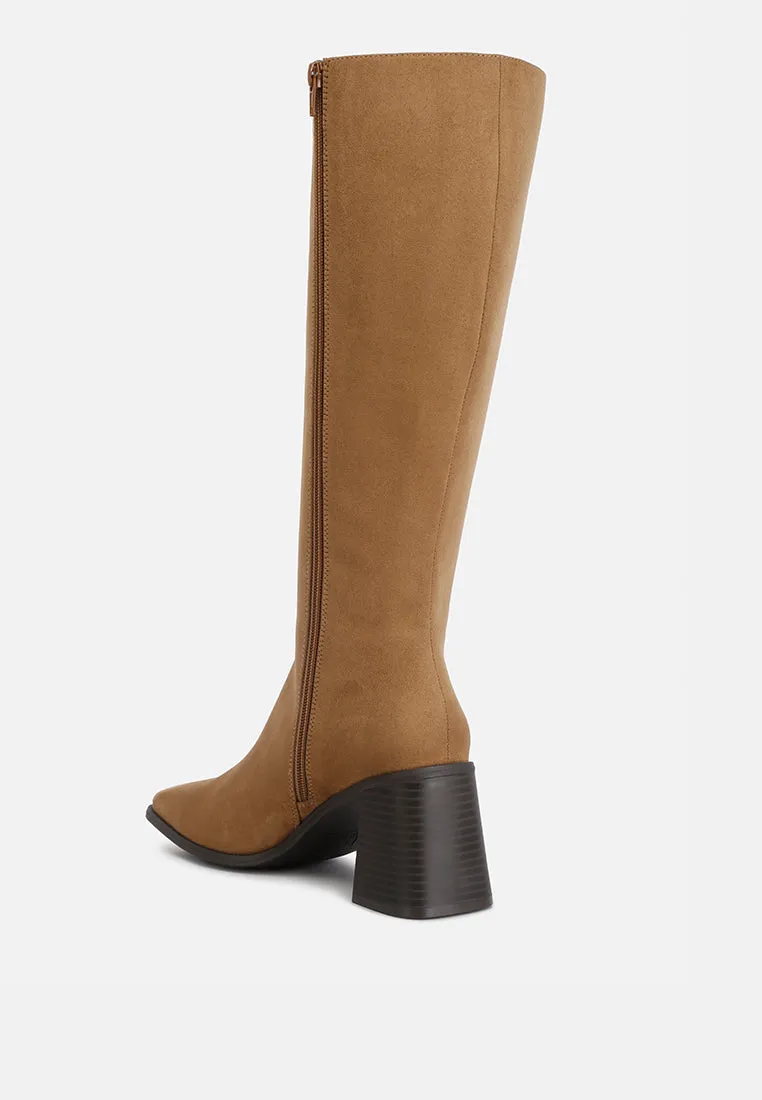 paytin faux leather block heel calf length boots