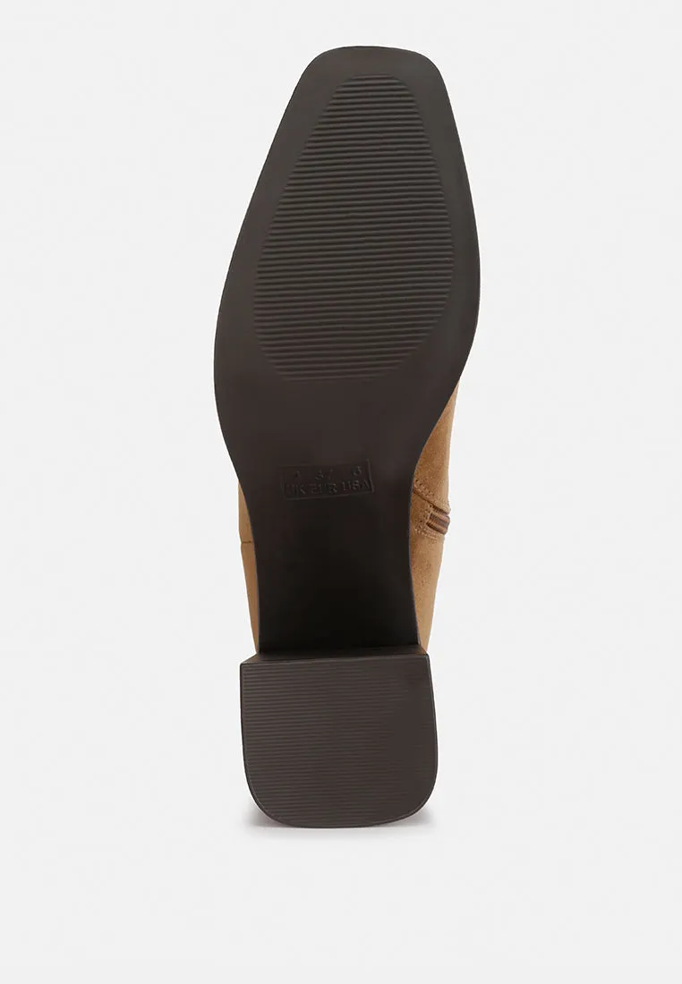 paytin faux leather block heel calf length boots
